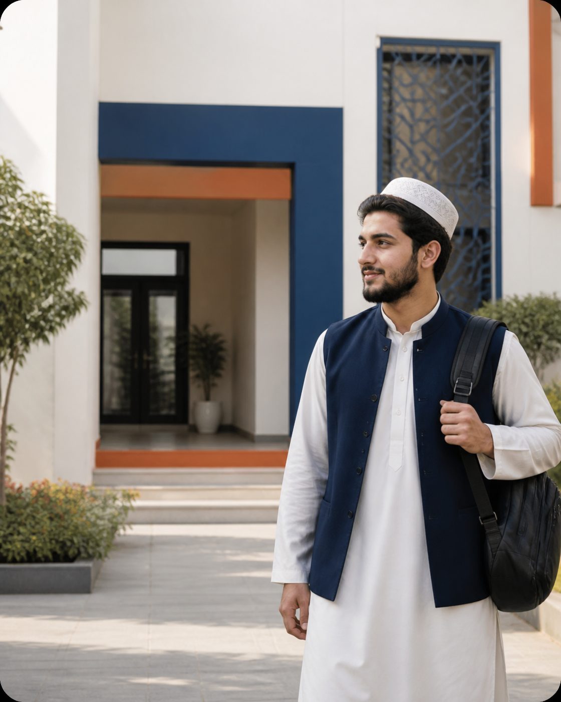 Student at the UBK campus entrance