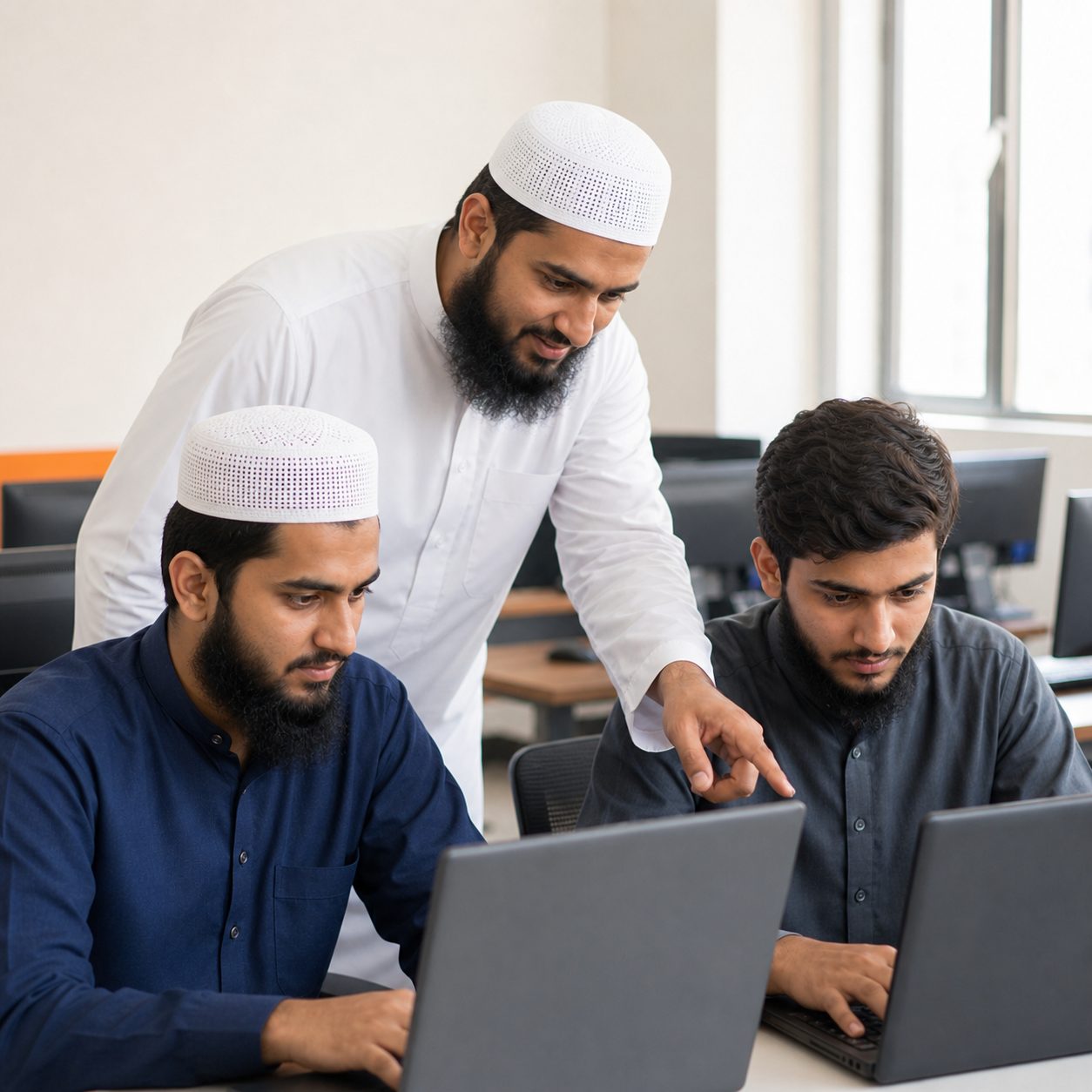 Mentor teaching two students